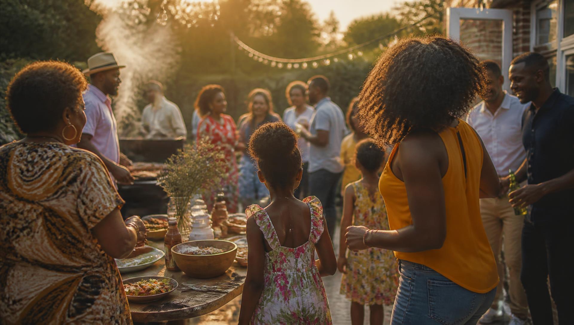 Guests of many backgrounds dancing together at a garden wedding reception at golden hour, with a DJ at the decks in the foreground